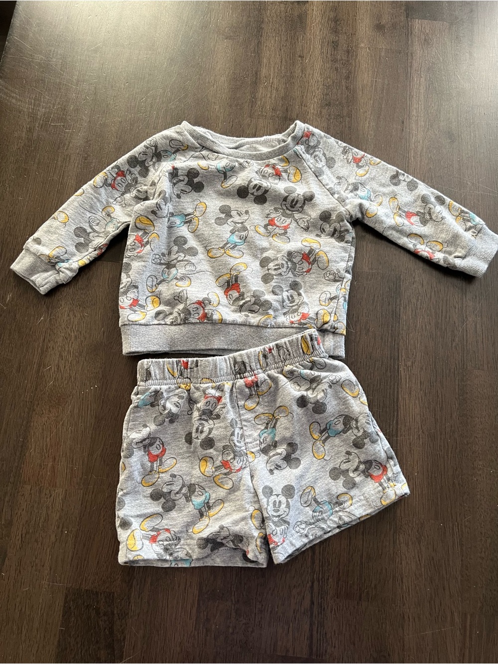 Disney Gray Mickey Mouse Two-Piece Pajama Set with Yellow, Red, and Blue Accents